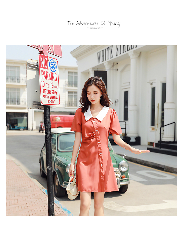 VK旗艦店 韓國學院風時尚素色翻領單排扣氣質短袖洋裝