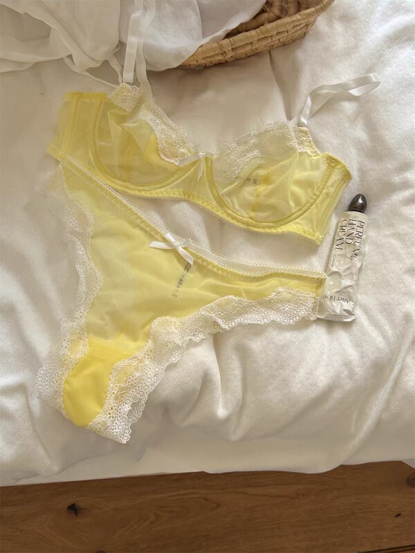 Lemon Yellow Bra Sexy Lace Non-Padded Lingerie Set Small Bust Push-Up Bra Mesh See-Through Bra
