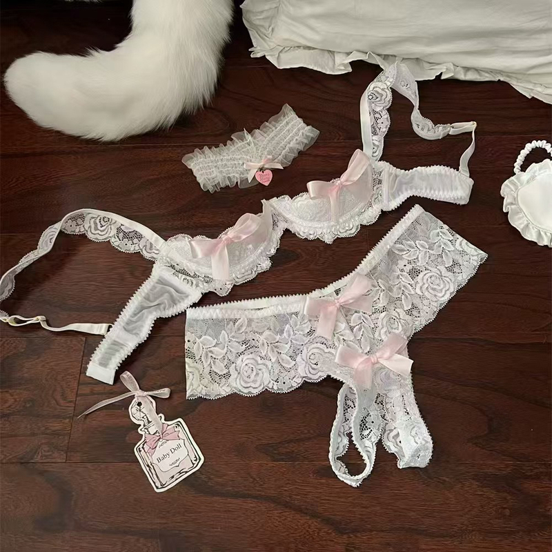 Sexy Couple Half-Bust Lingerie Set with Lace Bra, Half-Cup Hollow Bra with Underwire Butterfly Qqny
