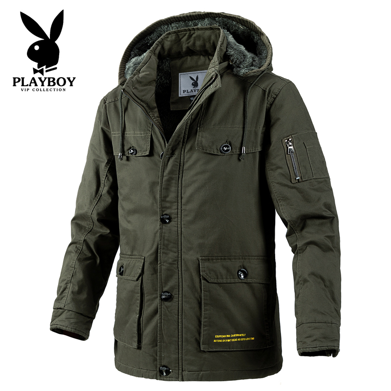Playboy Pure Cotton Workwear Cotton Jacket for Men, Mid-Length, Fleece-Lined, Thickened Coat, Men's down Cotton Jacket with Multiple Pockets
