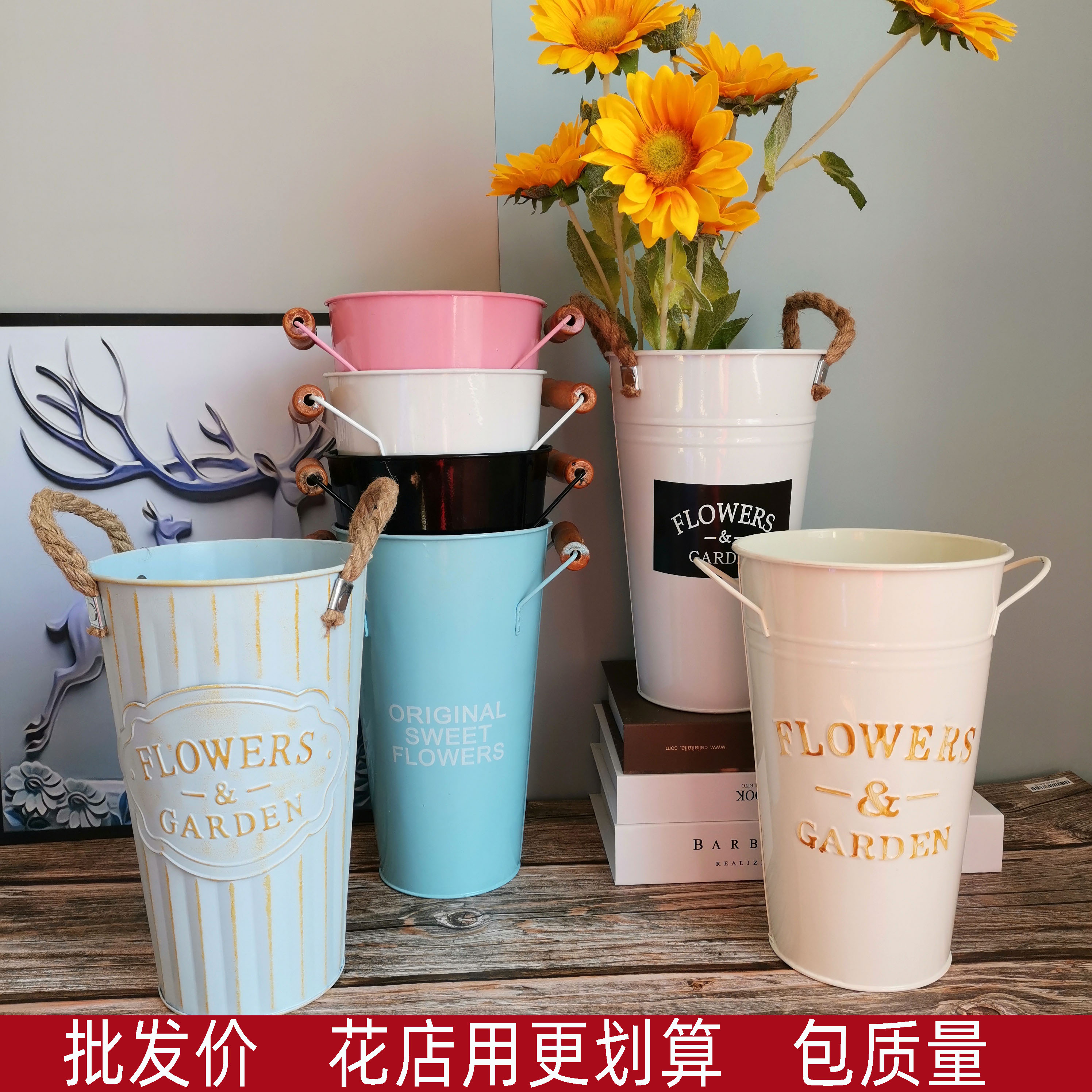 Flowers Bucket Floral IRON ART METAL FLOWER BARREL RETRO TIN FLOWER BARREL FLOWER SHOP FLOWERS BOTTLE DRY FLOWERS BASIN WAKE-UP FLOWER TUB