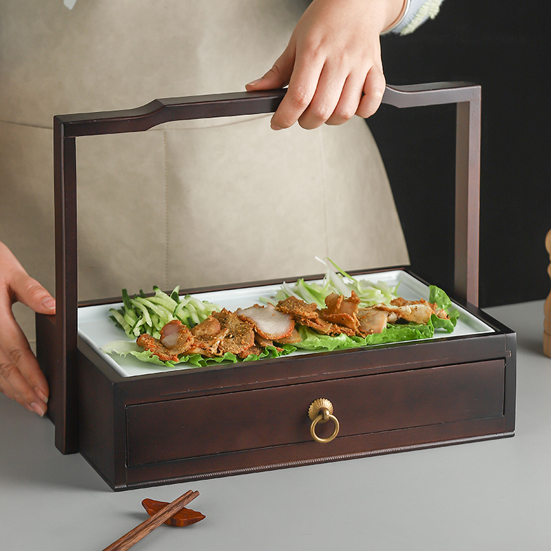 Hotel Chinese Food Antique-Style Bamboo and Wood Creative Rectangular Drawer Combination Dessert and Pastry Box Special Roast Duck Artistic Dish Tableware