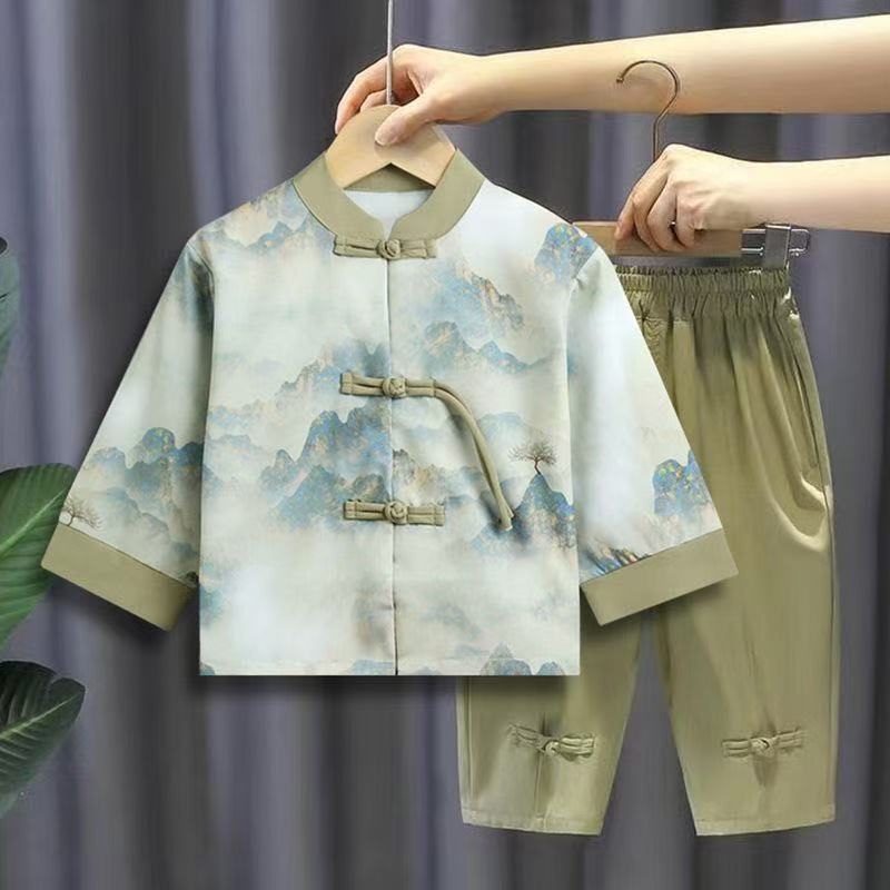 New Chinese-Style Hanfu for Children, Chinese-Style Tang Suit for Spring and Autumn, Baby Ethnic National Style, Handsome Ancient-Style Improved Daily Outfit