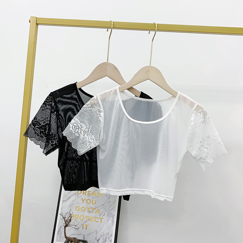 Mesh Short-Sleeve T-Shirt, Feminine Midriff-Baring Sheer Top, Half Lace Base Shirt, White Tight-Fitting Inner Top, Thin Mesh Short-Sleeve T-Shirt, Feminine Midriff-Baring Sheer Top, Half Lace Base Shirt, White Tight-Fitting Inner Top, Thin