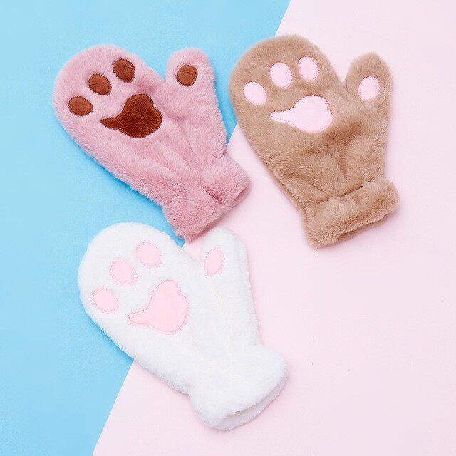 All-finger winter warm female cute Korean version plus velvet cat paw bear paw outdoor young student women's plush gloves