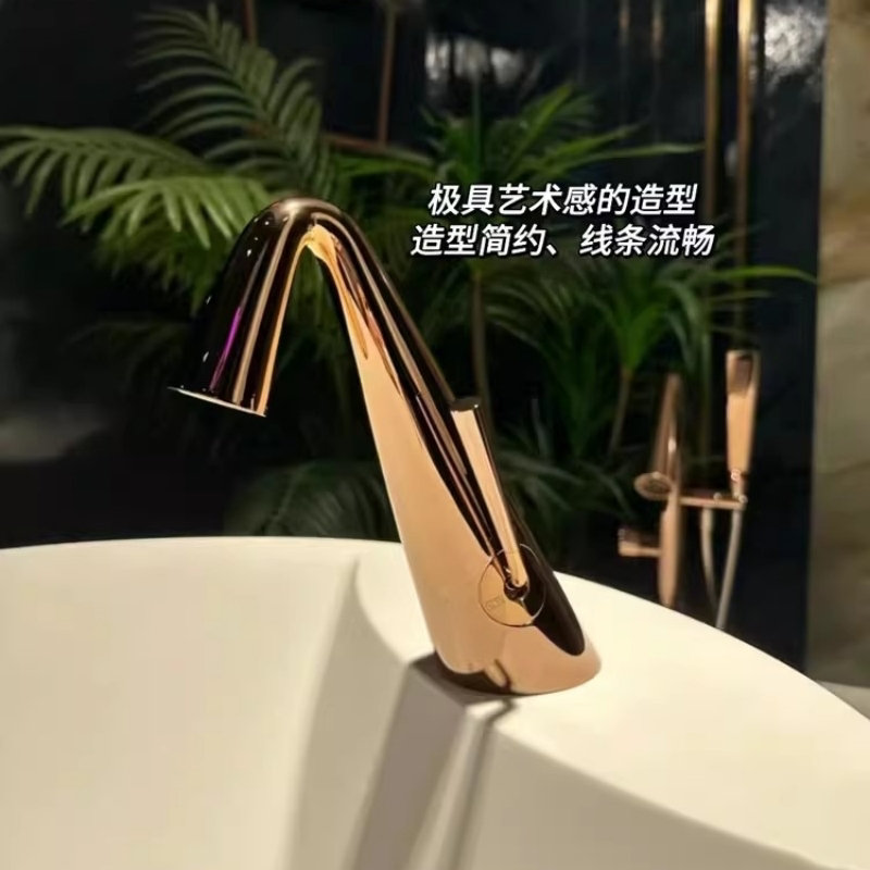 Leou Home Decor Bathroom All-Copper Hot and Cold Water Faucet Washbasin Faucet Rose Gold Under-Counter Basin Faucet Exposed Installation
