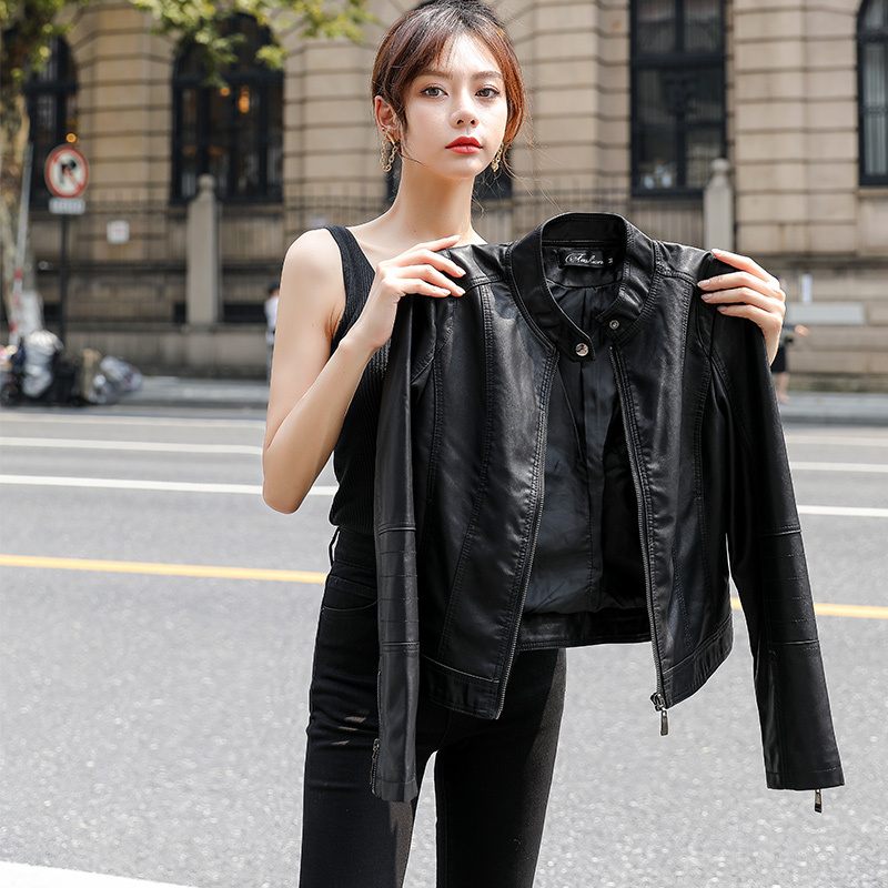 2026 New Short Leather Jacket for Women, Autumn and Winter Thickened Motorcycle Stand Collar Popular High-End Black Pu Leather Jacket