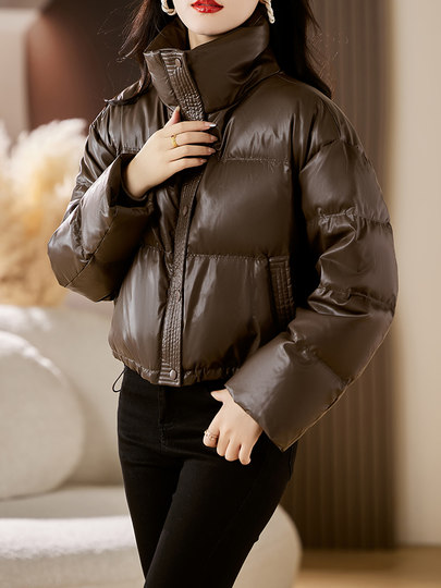 2025 Winter Stand Collar Women's Down Jacket White Duck Down Thickened Bread Jacket Short Loose Maillard Leather Jacket