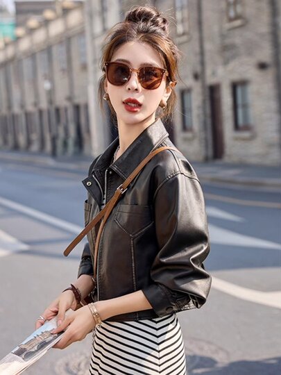 Leather jacket for women 2025 new style Hong Kong style design spring and autumn motorcycle leather jacket small short top
