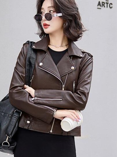 Haining small leather jacket women's short spring and autumn 2025 new high-end Korean style loose motorcycle leather jacket top