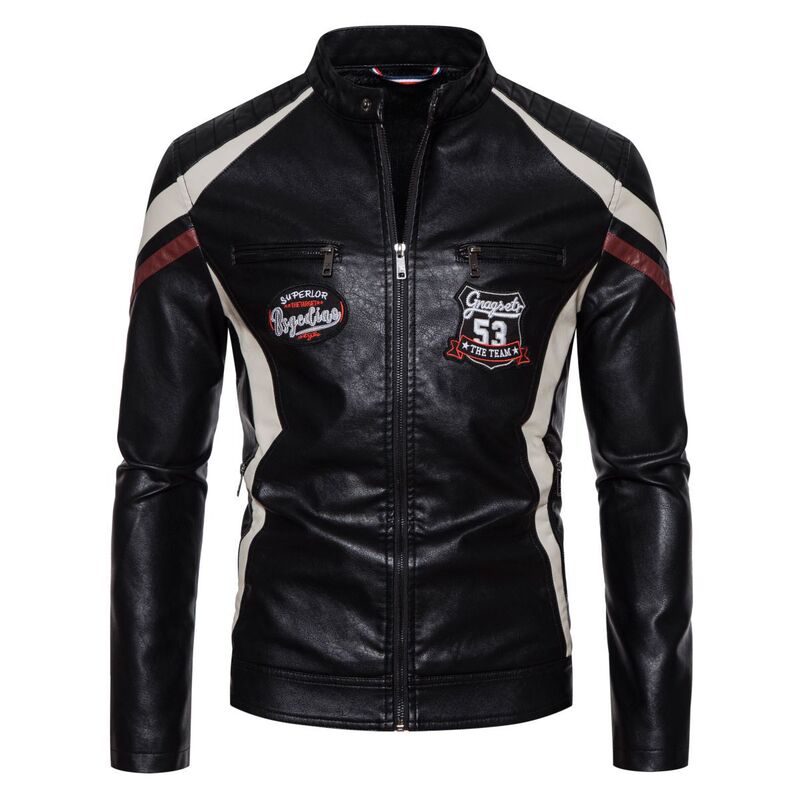 Leather Jacket for Men, New Autumn and Winter Style, Men's Motorcycle Jacket, Windproof, Color-Blocking, Stylish Pu Leather Jacket Jk2336P100