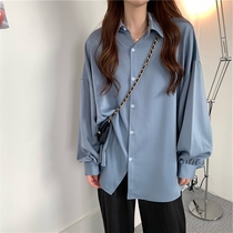 Korean version of blue long sleeve shirt women's 2021 new autumn vintage Hong Kong flavor design sense niche Joker outer coat