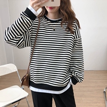 Fake two striped necropolis women 2022 Spring loose Lazy Wind Round Collar THIN COVER Casual Long Sleeve Blouse