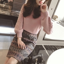 Sweater women's half dress set light ripe wind autumn and winter new warm padded sweater tweed two-piece set tide