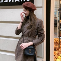 Woolen plaid coat female small English wind 2021 autumn and winter new Korean version of long waist small suit female