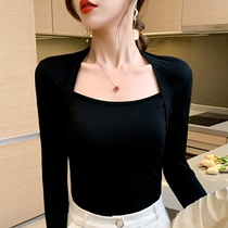 Black square collar t-shirt woman long sleeve fall 2021 new Hepburn style slim fit 100 hitch undershirt blouse