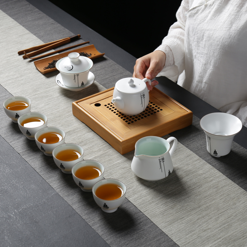 Ceramic kung fu tea set home fat white porcelain up with inferior smooth creative teapots GaiWanCha sea cups)