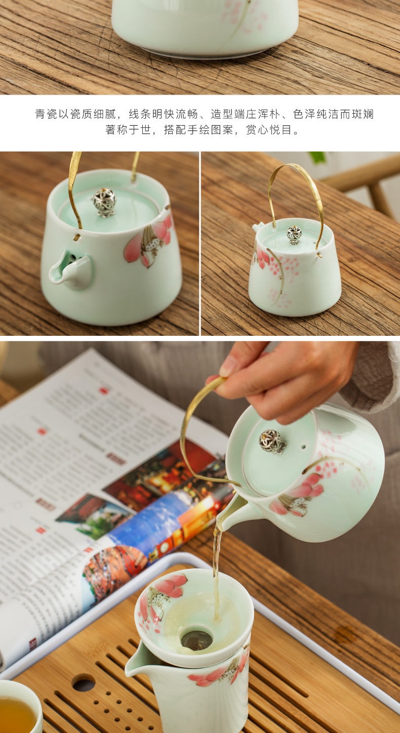 Jingdezhen hand - made celadon kung fu tea set home lotus ceramics suit of a complete set of blue and white porcelain cup teapot