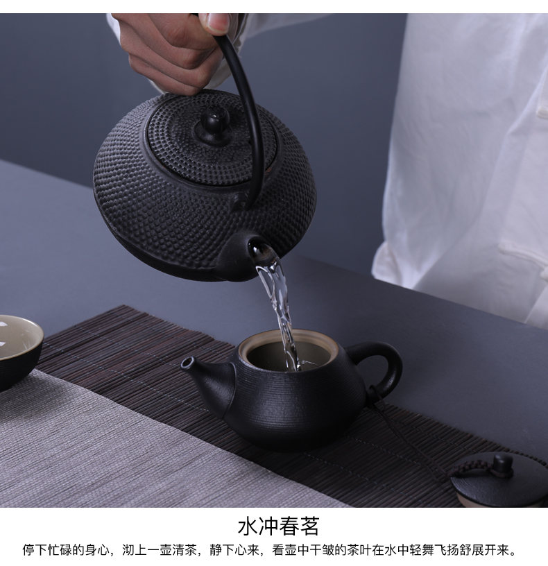 Poly real (sheng kung fu tea set of black suit coarse pottery Japanese home office tea tureen teapot teacup sea black zen