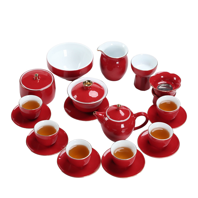 Bright red glaze is festival modern marriage kung fu tea sets the teapot teacup ceramic business gift box in the new home