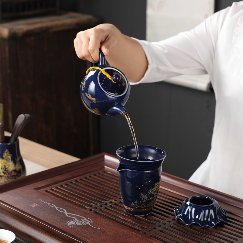 Poly real sheng kung fu tea set ji blue glaze ceramic household teapot tea tureen porcelain cup to ultimately responds a whole set of the teapot