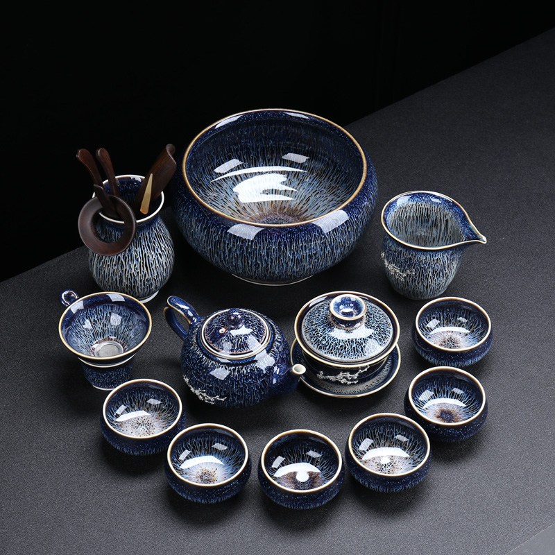 Poly real (sheng jingdezhen blue drawing to build light tea set ceramic household with silver star light teapot teacup silver tea set