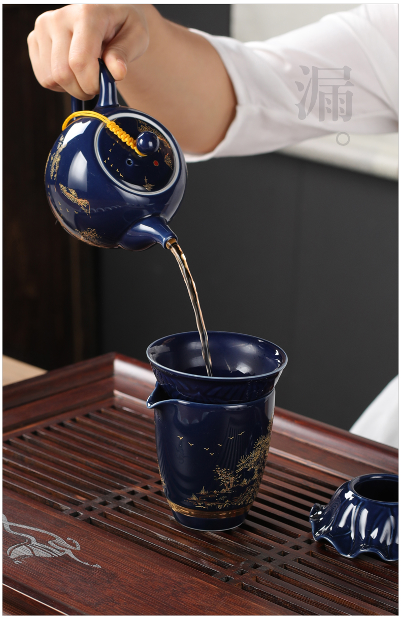 Poly real sheng kung fu tea set ji blue glaze ceramic household teapot tea tureen porcelain cup to ultimately responds a whole set of the teapot