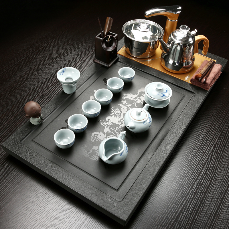 Poly real (sheng sharply stone tea tray ceramic kung fu tea set four unity of household solid wood tea tea table of a complete set of blocks