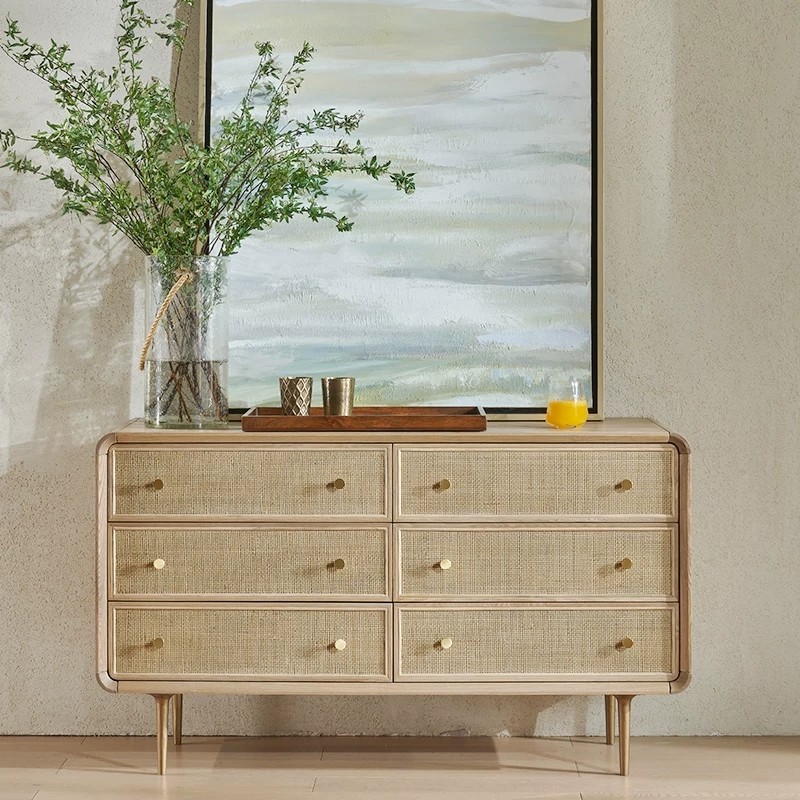 Nordic solid wood rattan six-drawer cabinet simple modern bedroom living room porch cabinet Japanese-style storage drawer cabinet display cabinet