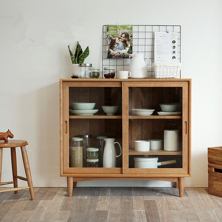 Nordic solid wood sideboard simple locker tea cabinet home storage cabinet glass sliding door kitchen cupboard