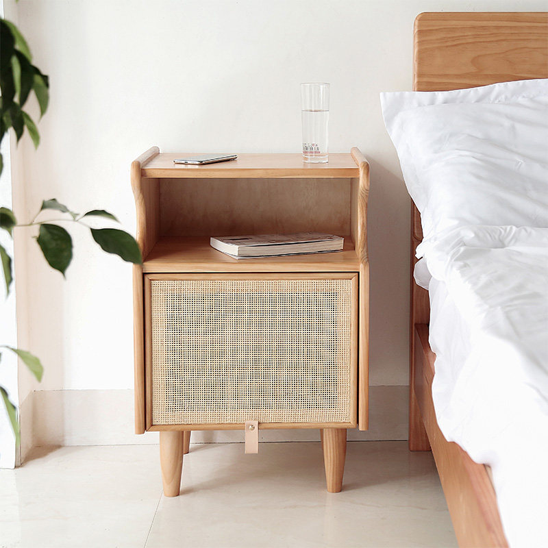 Day-style creative bed head cabinet folk and wind belt light solid wood rattan chic bedside cabinet minimalist modern small family type containing cabinet