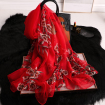  Silk scarf womens spring and autumn thin Korean version of the wild scarf big red autumn and winter middle-aged mother gauze shawl dual-use