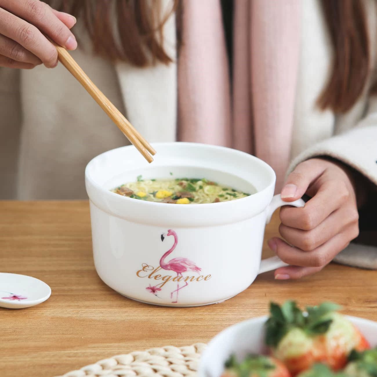 The Japanese large soup bowl kitchen lovely creative cartoon cup noodles take over rice bowl chopsticks household ceramics tableware suit