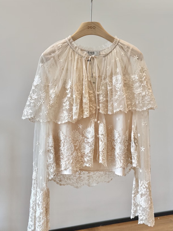 Sea New York 2026 Spring/Summer New Lace Crochet Lightweight Mesh Embroidered Shawl-Style Tie-Up Shirt