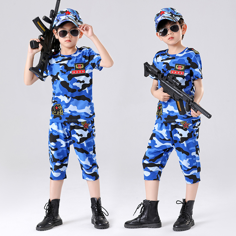 Boys' Navy Camouflage Suit Pure Cotton Children's Handsome Liberation Clothes Field Training Special Forces Police Officer Uniform Summer Camp