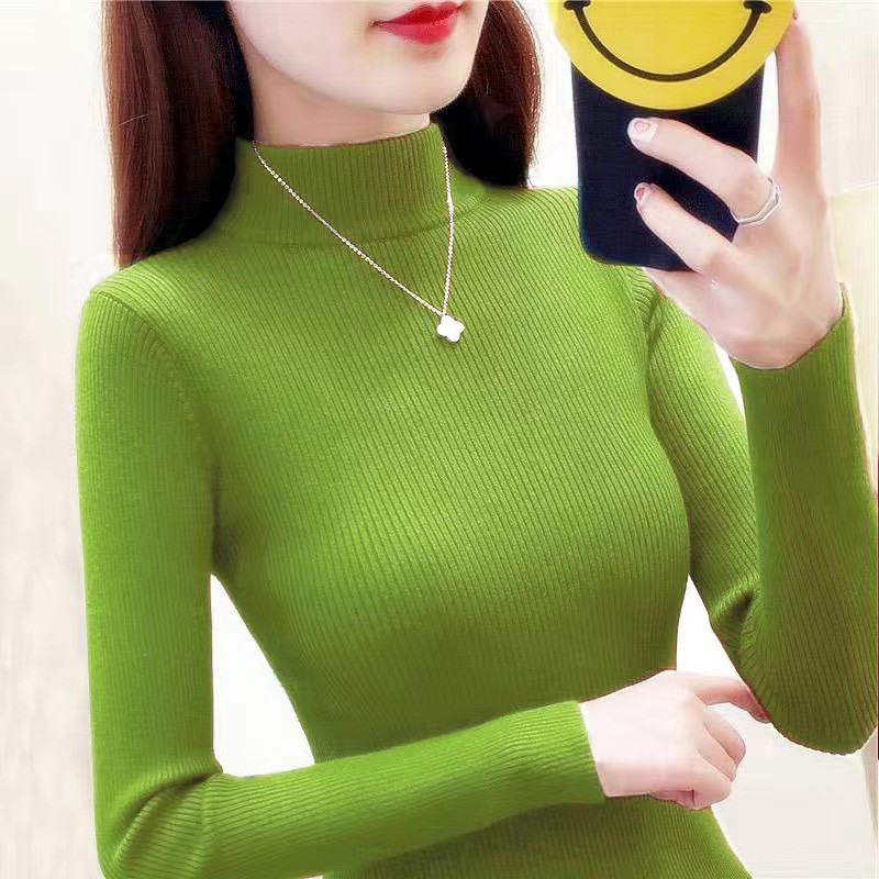 Half-Turtleneck Sweater for Women, New Spring and Autumn Style, Stylish Long-Sleeve Pullover T-Shirt, Tight-Fitting Base Knit Top for Layering