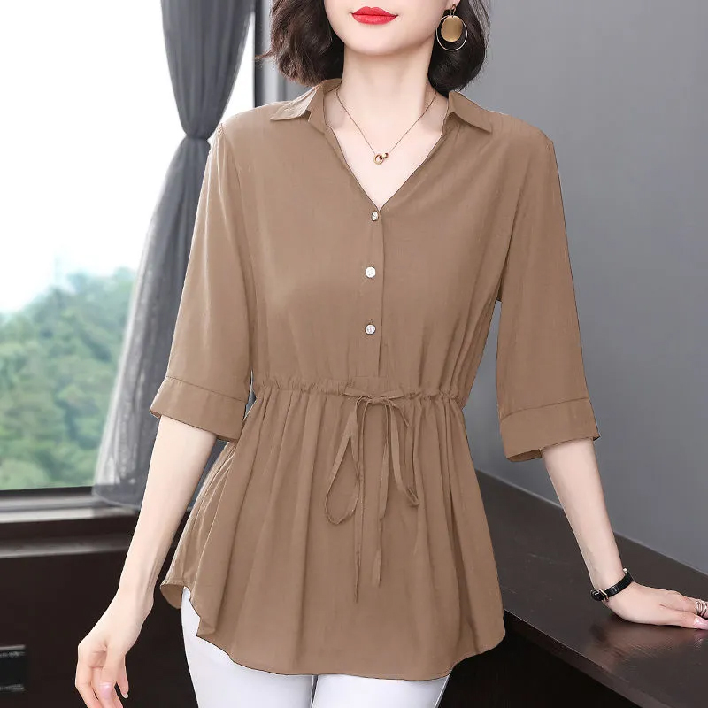 Summer chiffon shirt women's 2021 new short-sleeved belly waist mid-sleeve top thin shirt Western style small shirt