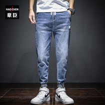 Spring and summer leggings nine-point jeans mens tide brand slim-fit small feet stretch high-end thin light blue nine-point pants