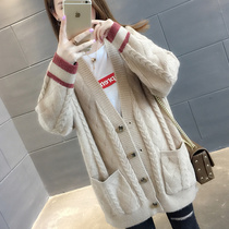 2021 Spring New Korean Tide Long Sweater Cardigan Womens Loose Long Sleeve V-Collar Student Twist Knit