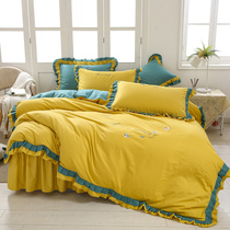 Summer Ins Princess Wind All-cotton Four Sets Minimalist Pure Color Bed Skirt Embroidery Quilt Cover Bed 1 8m Bed Lotus Leaf Side