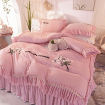 Winter Bifacial Coral Suede Bed Skirt Four Sets Crystal Suede Princess Wind Thickened Warm-Style Velvet Girls Heart Quilt Cover