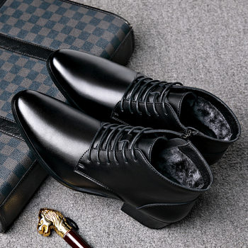 Winter genuine leather chelsea boots for men, fashionable pointed toe plus velvet lace-up boots, roman style trendy fashion high-heeled martin boots