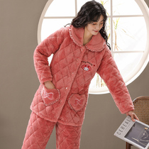 Simple pajamas womens winter padded velvet coral velvet cotton flannel pajamas triple warm home clothing set