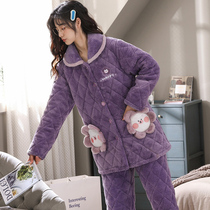 Autumn and winter coral velvet pajamas women plus velvet three layers thick cotton-padded jacket winter flannel Ladies Home suit