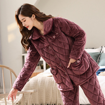 Autumn and winter coral velvet cotton pajamas female middle-aged and elderly mother three layers thick plus velvet warm home clothing set