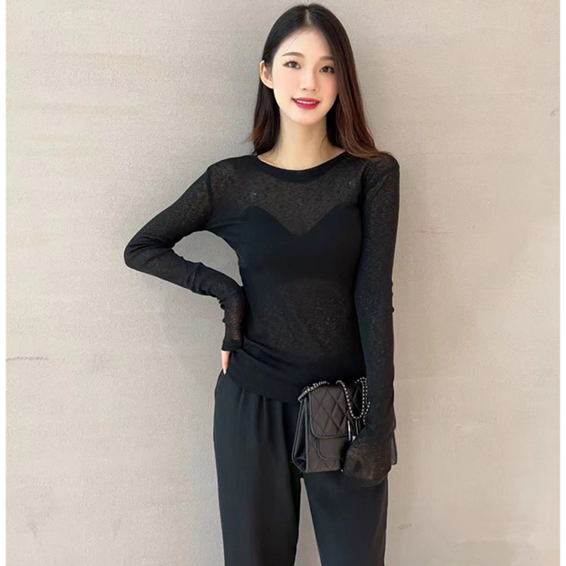 Black Base Shirt for Women 2026 New Autumn and Winter Inner Wear Sexy Cover-Up Sheer Mesh Top Knitted See-Through T-Shirt