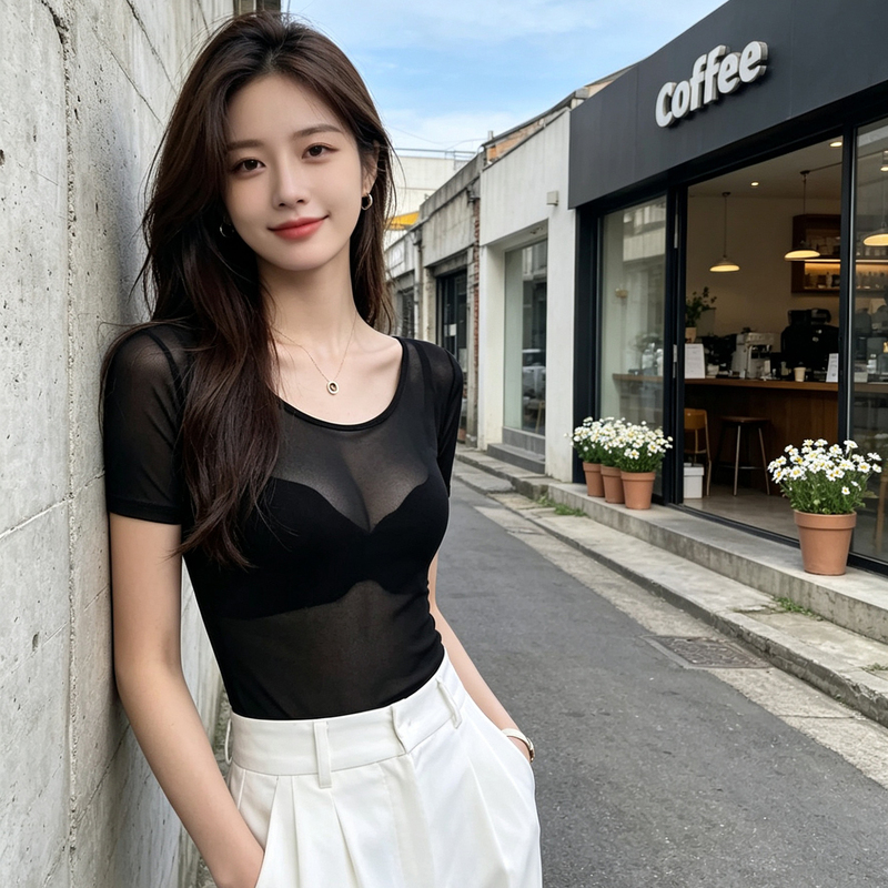 2026 Summer Sexy Transparent Mesh Short Sleeve T-Shirt for Women, Black Round Neck Thin Slimming Top, Hot Girl Style