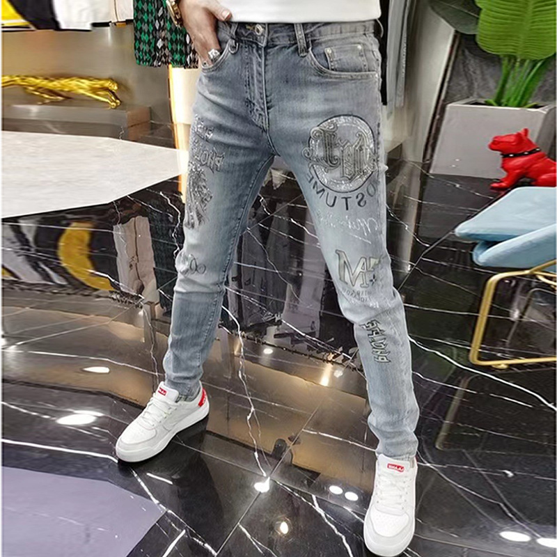 2026 Spring/Summer European Style Men's Jeans with Heavy-Duty Rhinestone Printing, Trendy Brand, Stylish Casual Slim-Fit Skinny Pants