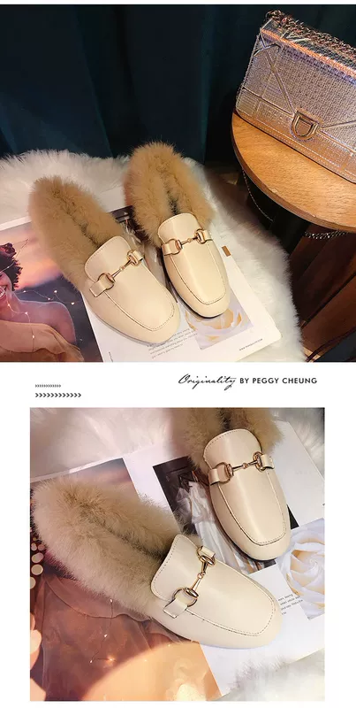 Giày lông mùa thu 2018 bằng phẳng giày nữ bằng vải đậu Hà Lan cộng với giày cashmere vuông nhỏ ấm giày lười giày thấp giày thể thao nữ đế cao