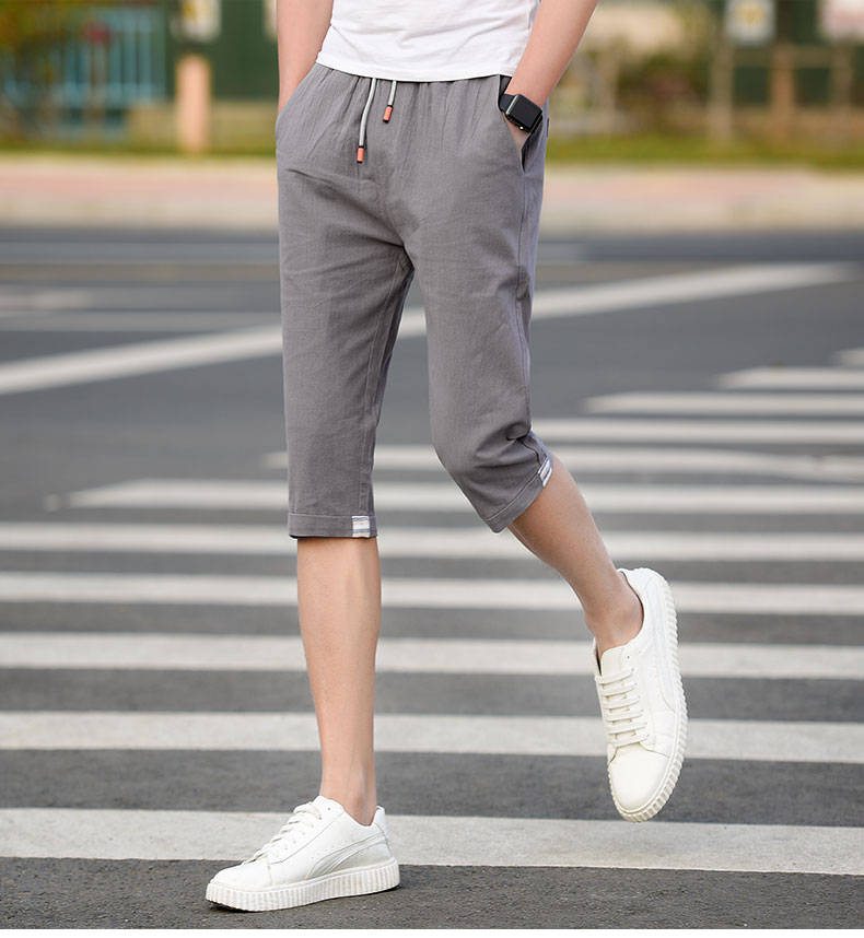 Quần short nam cắt quần Teen rắn màu quần mỏng mùa hè bông năm điểm Casual Elastic eo ống túm